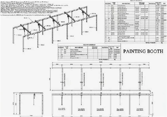 Painting booth mono-rail fabrication drawing with bill of materials