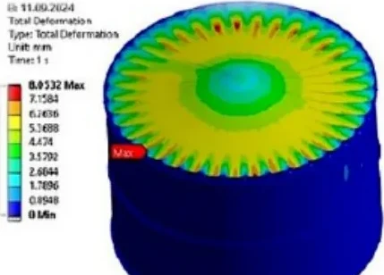 FEA total deformation contour of a storage tank roof and shell