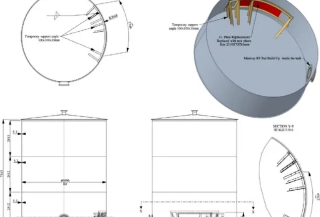 Tank shell plate repair arrangement with manway and temporary supports